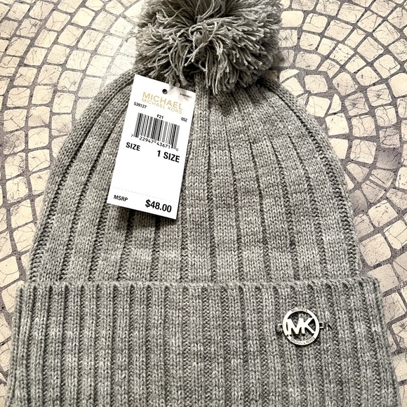Michael Kors Accessories - New Michael Kors pompom gray ribbed beanie with signature MK logo